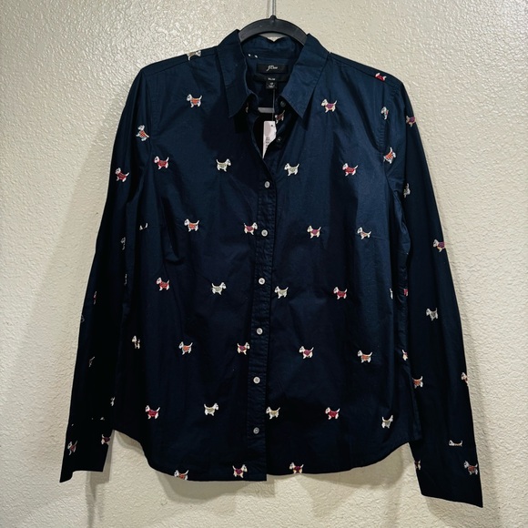 New J. Crew Navy Scottish Terrier Slim Fit Embroidered Shirt Size 12 - Picture 3 of 11